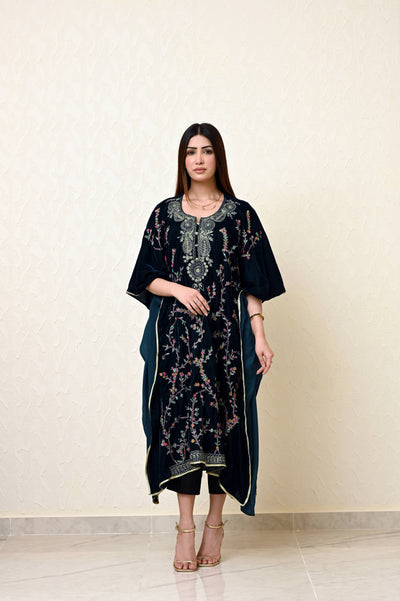 Moss Green Velvet Kaftan with Full Jaal Kashmiri Embroidery
