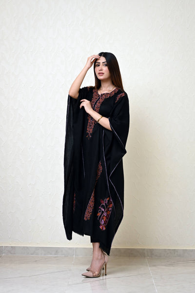 Black Pashmina Kaftan with Heavy Kashmiri Embroidery