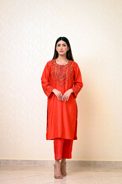 Chinese Embossed Silk Suit with Embroidered Neck & Sleeves and Pure Chiffon Tie-Dye Dupatta