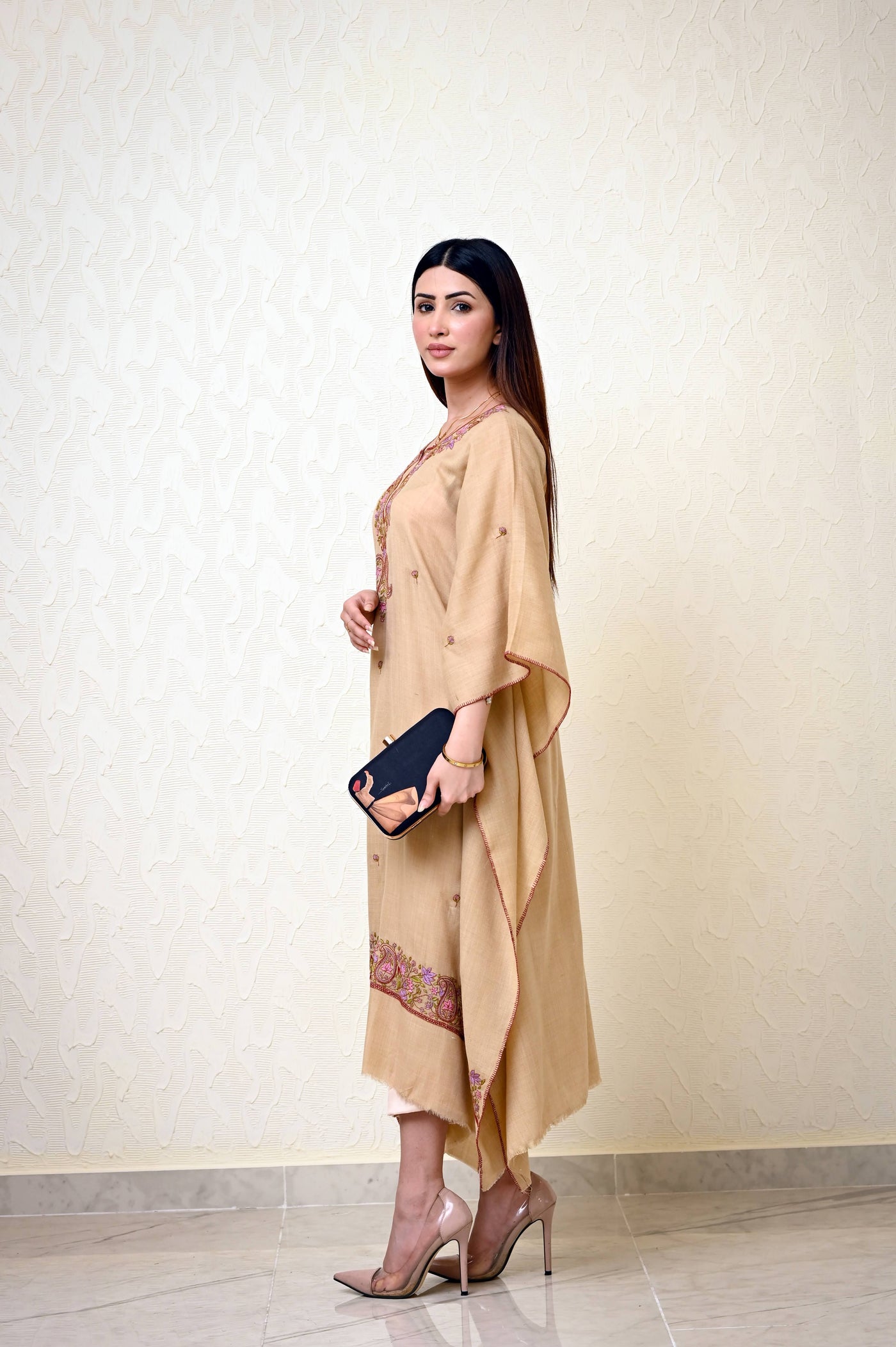 Beige Pashmina Kaftan with Kashmiri Embroidery