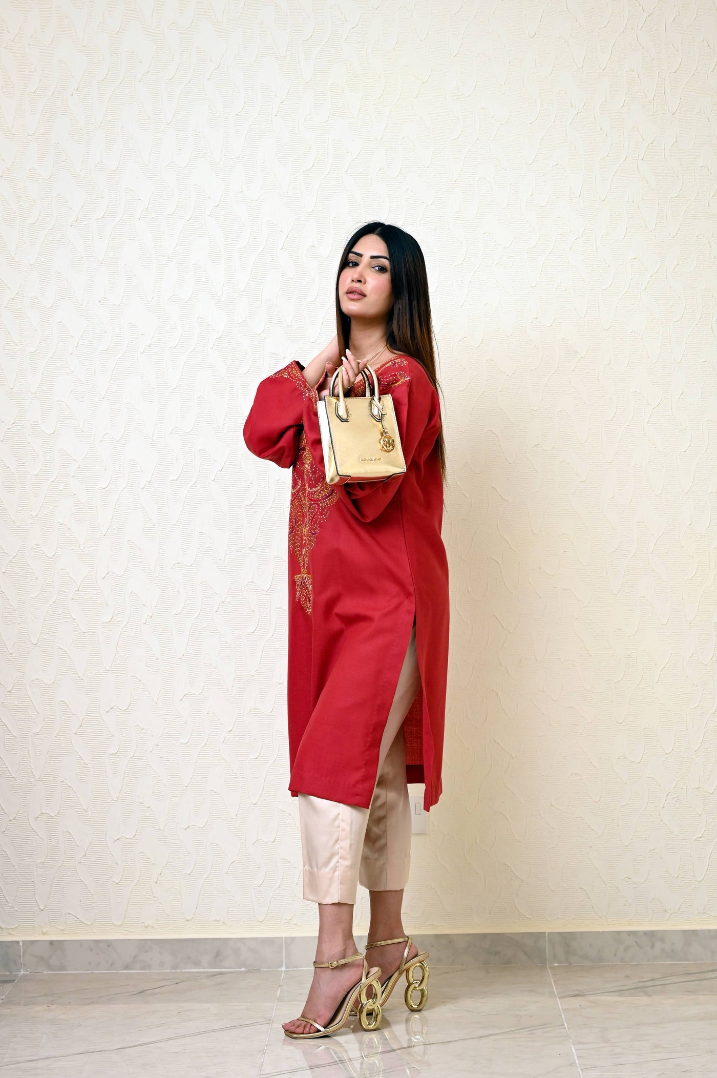 Rust Marina Kashmiri Feran with Heavy Neck Embroidery