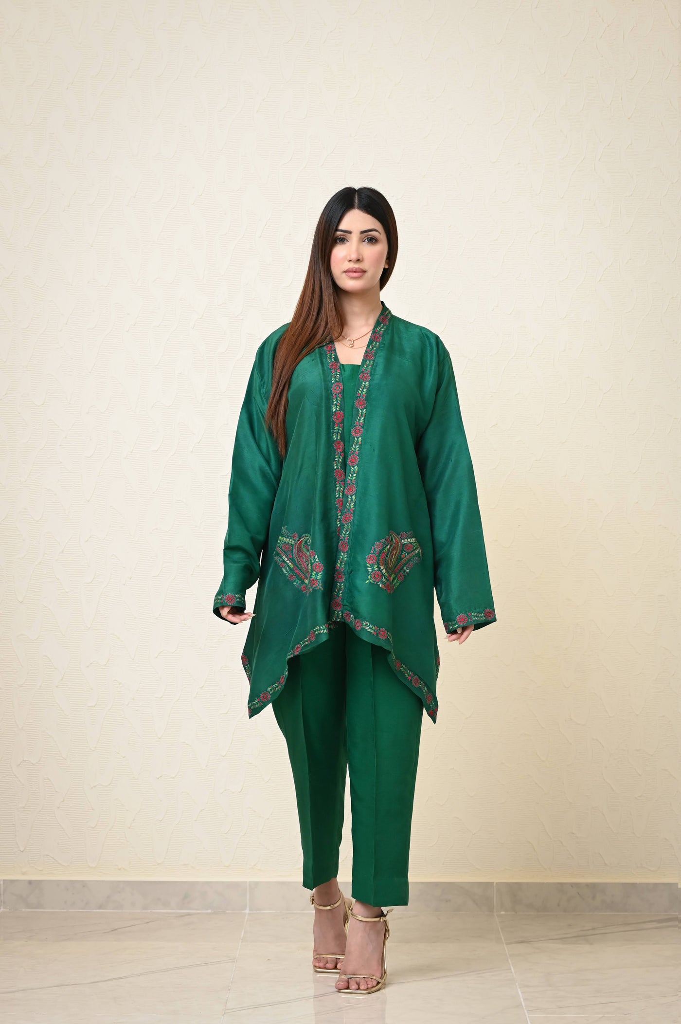 Pure Raw Silk 3-Piece Suit with Kashmiri Hand Embroidered Shrug