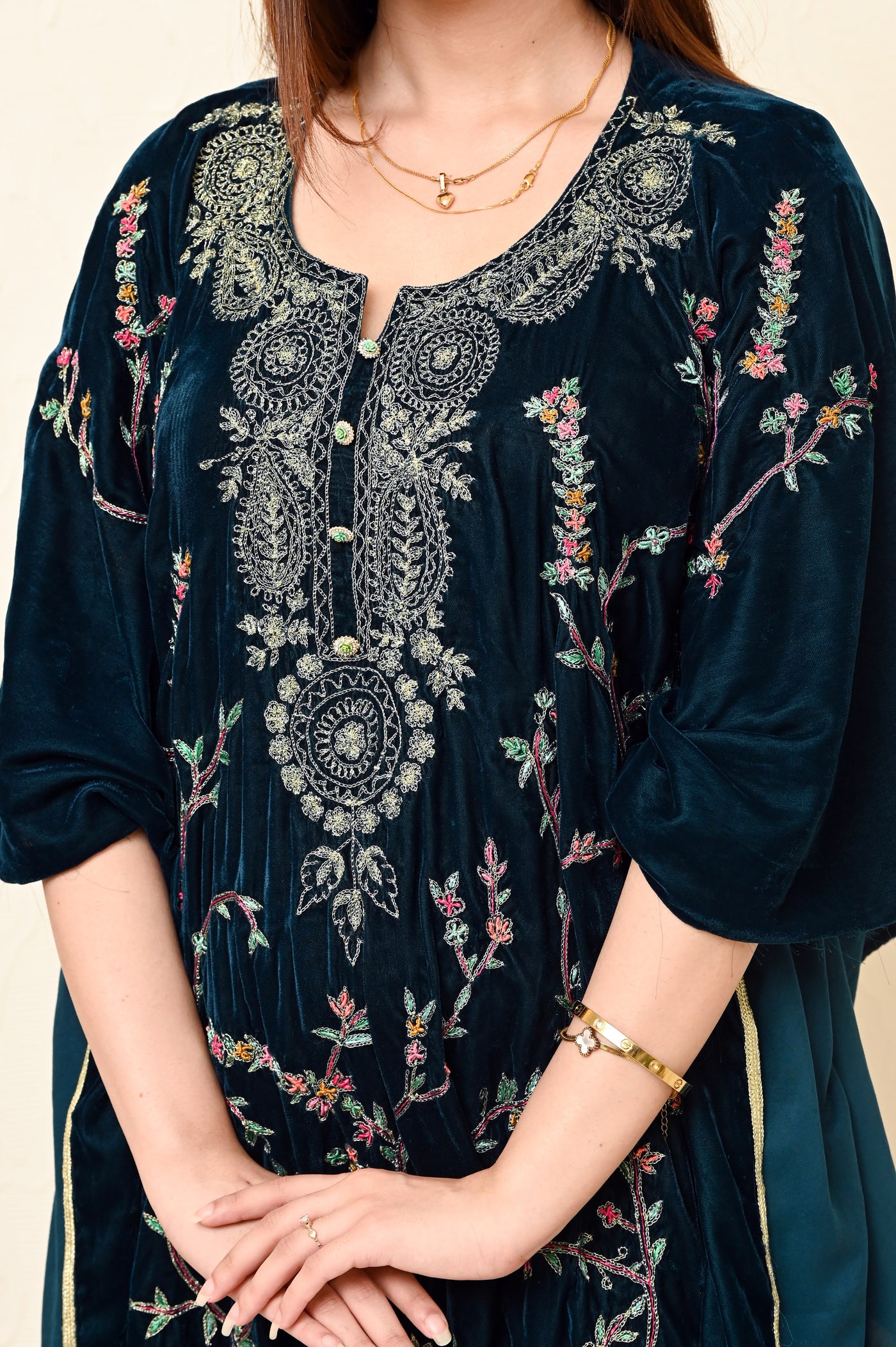 Moss Green Velvet Kaftan with Full Jaal Kashmiri Embroidery