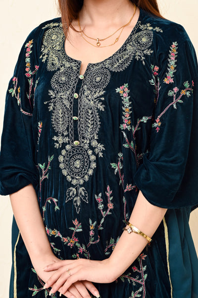 Moss Green Velvet Kaftan with Full Jaal Kashmiri Embroidery