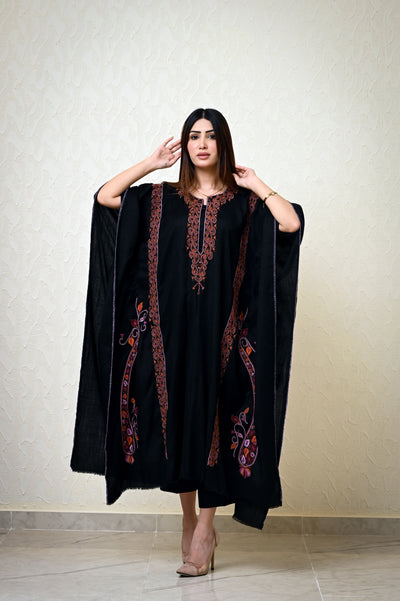 Black Pashmina Kaftan with Heavy Kashmiri Embroidery