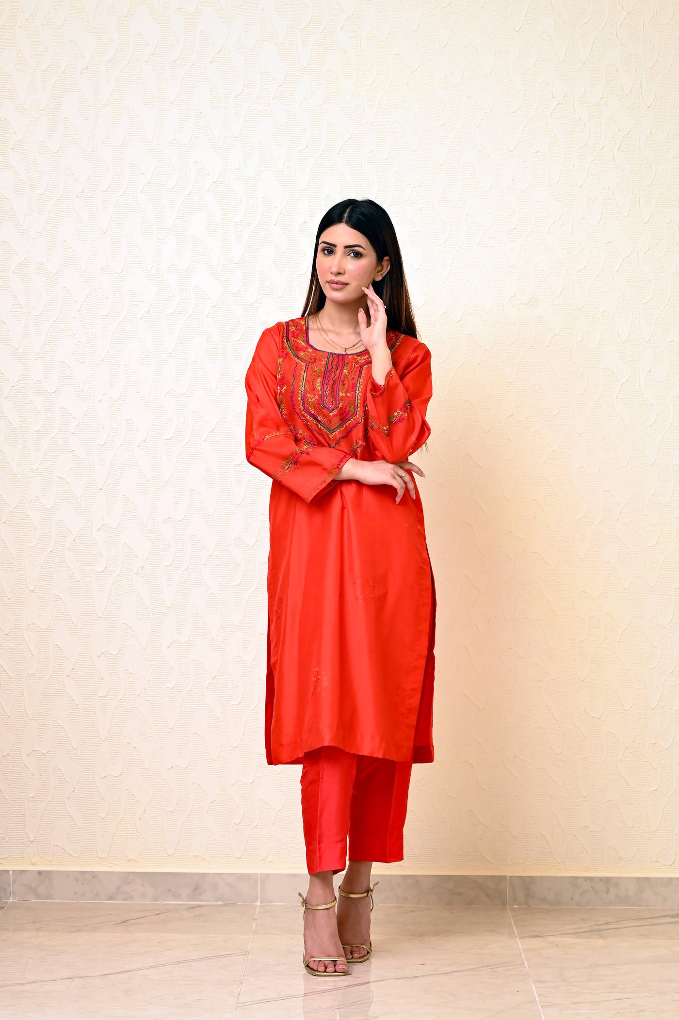 Chinese Embossed Silk Suit with Embroidered Neck & Sleeves and Pure Chiffon Tie-Dye Dupatta