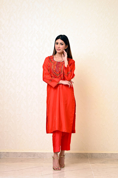 Chinese Embossed Silk Suit with Embroidered Neck & Sleeves and Pure Chiffon Tie-Dye Dupatta