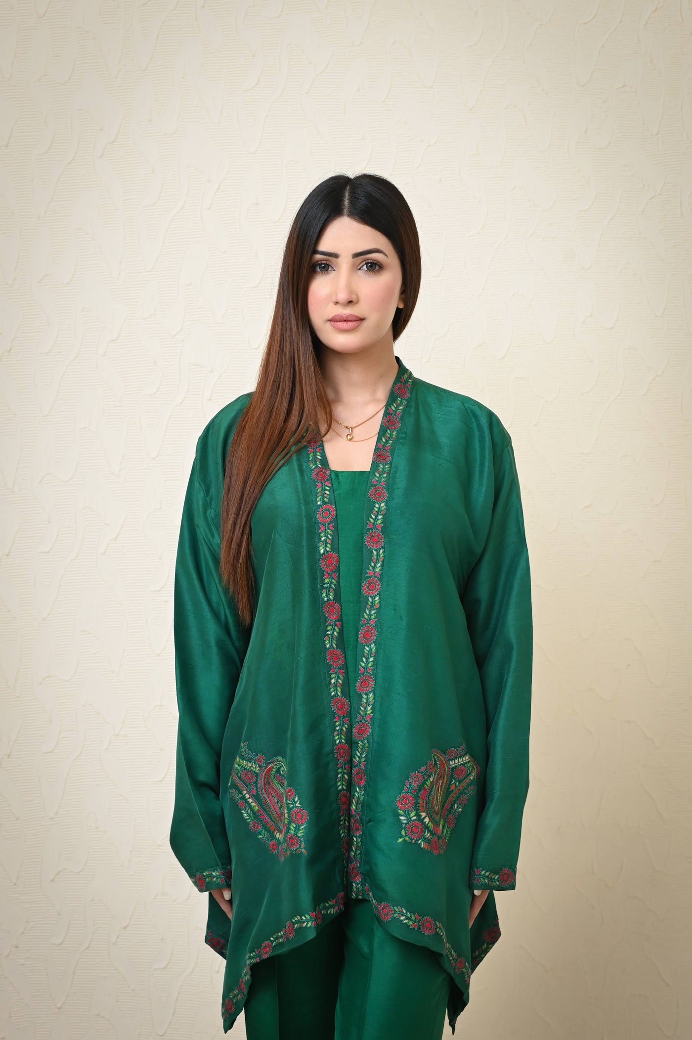 Pure Raw Silk 3-Piece Suit with Kashmiri Hand Embroidered Shrug