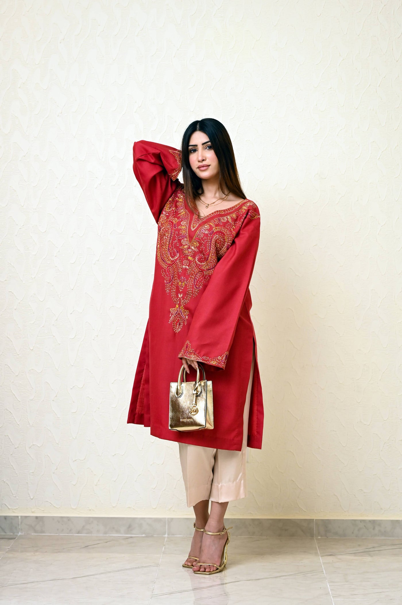 Rust Marina Kashmiri Feran with Heavy Neck Embroidery