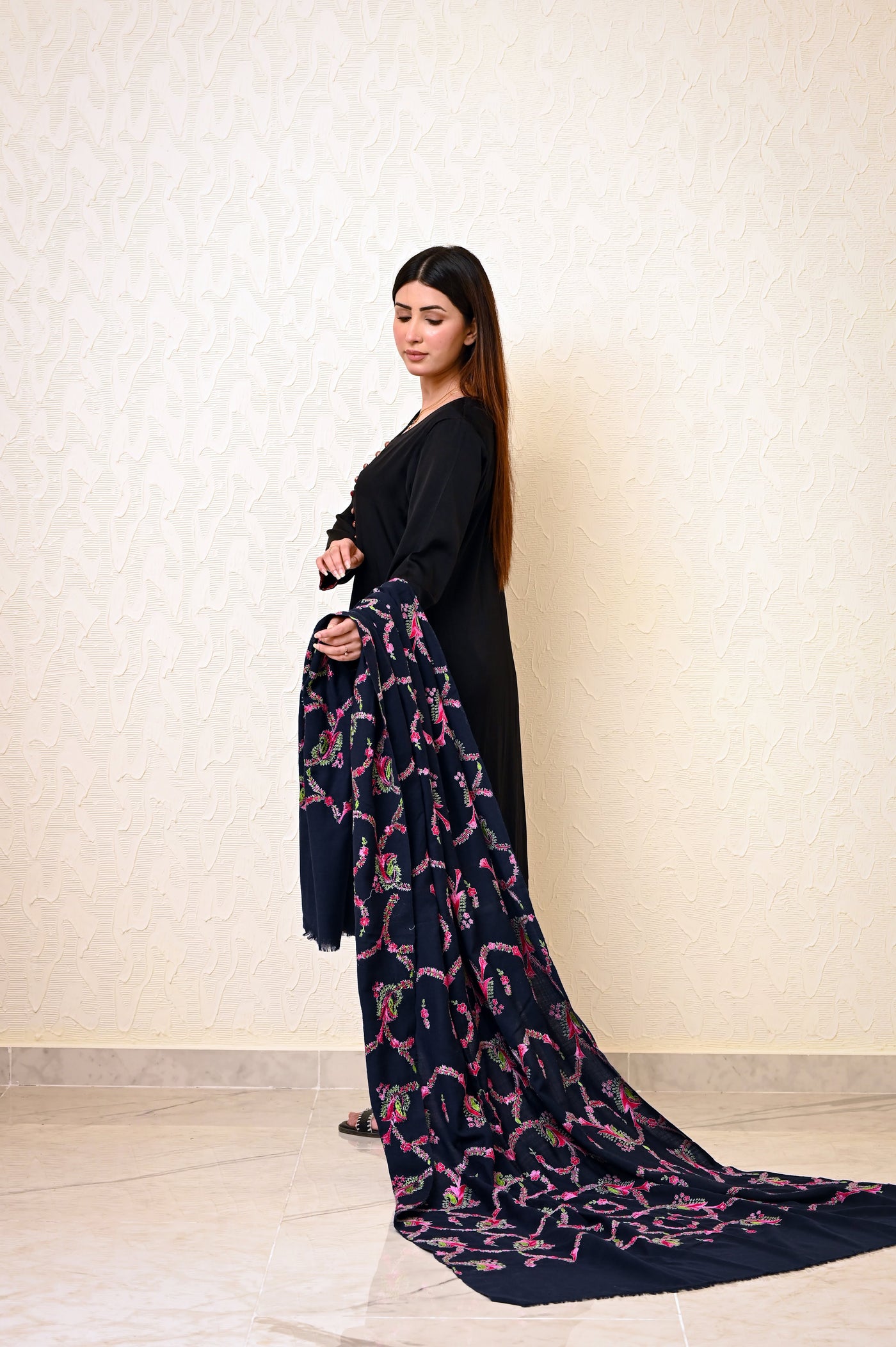 Navy Blue Kashmiri Jaal Work Shawl