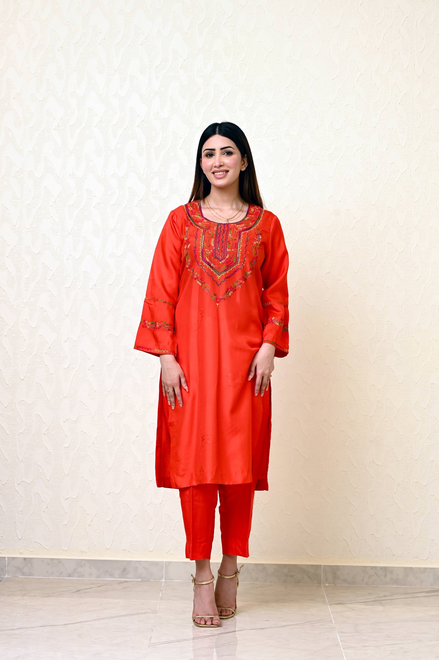 Chinese Embossed Silk Suit with Embroidered Neck & Sleeves and Pure Chiffon Tie-Dye Dupatta