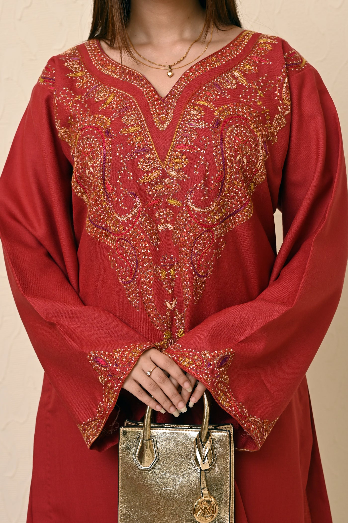 Rust Marina Kashmiri Feran with Heavy Neck Embroidery