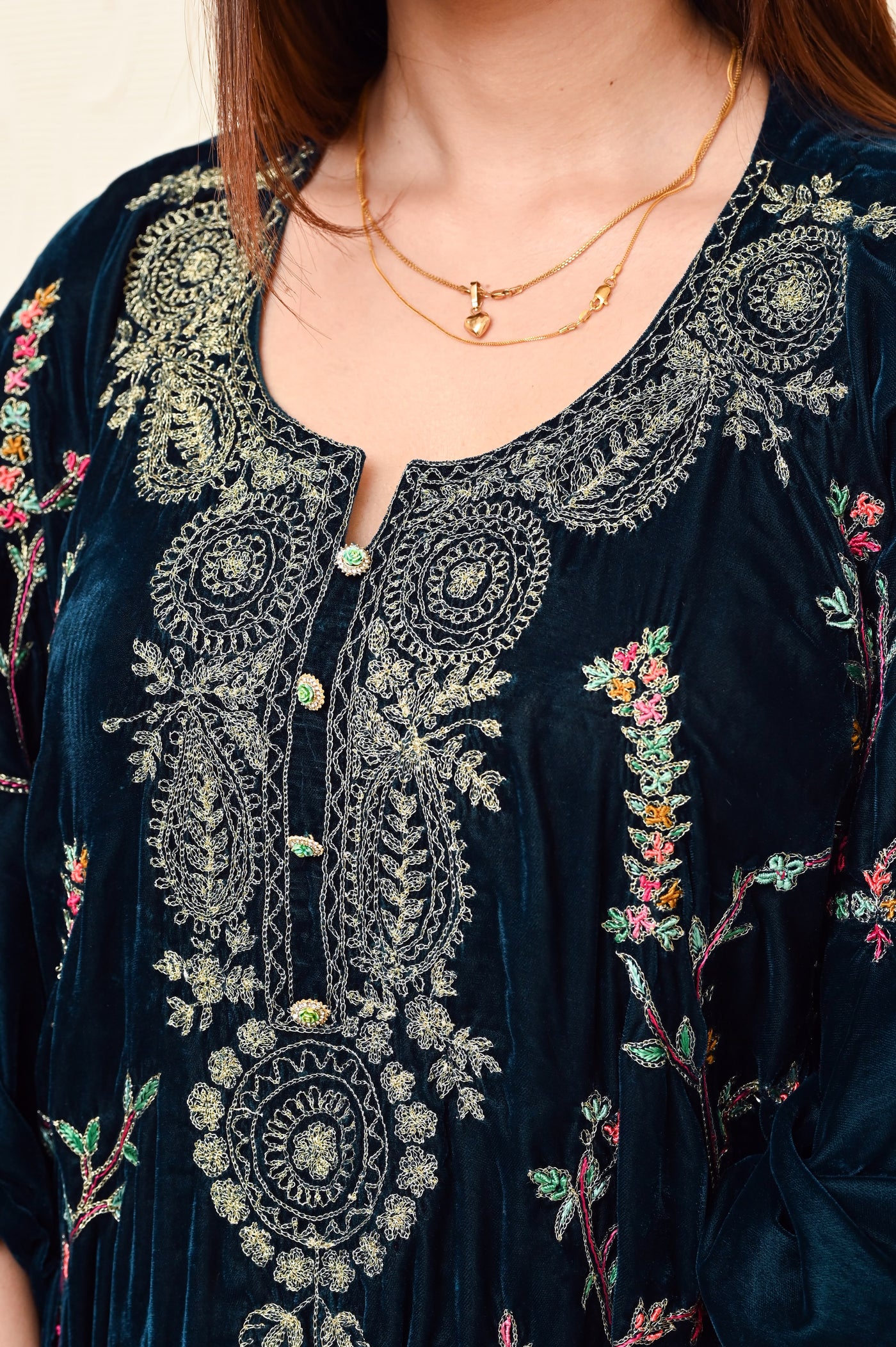 Moss Green Velvet Kaftan with Full Jaal Kashmiri Embroidery