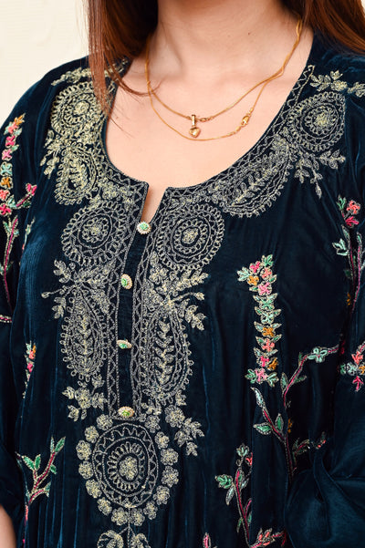 Moss Green Velvet Kaftan with Full Jaal Kashmiri Embroidery