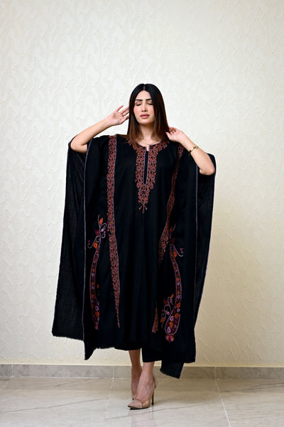 Black Pashmina Kaftan with Heavy Kashmiri Embroidery