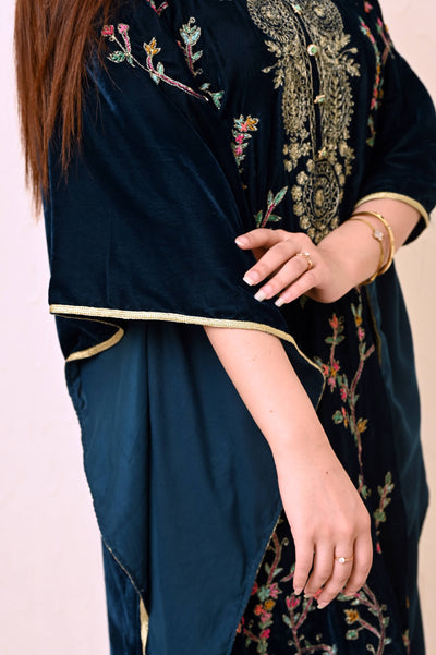 Moss Green Velvet Kaftan with Full Jaal Kashmiri Embroidery