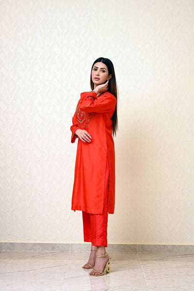 Chinese Embossed Silk Suit with Embroidered Neck & Sleeves and Pure Chiffon Tie-Dye Dupatta