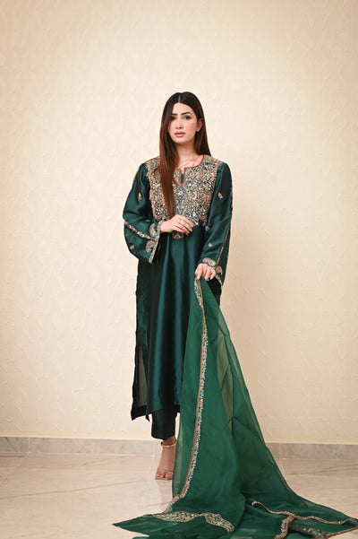 Beautiful Heavy Kashmiri Work 3-Piece Set in Shesha Silk with Pure Organza Dupatta