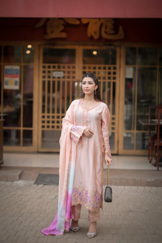 Light Peach Silk 3-Piece Suit – Floral Embroidery & Multicolor Dupatta