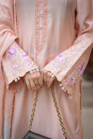 Light Peach Silk 3-Piece Suit – Floral Embroidery & Multicolor Dupatta