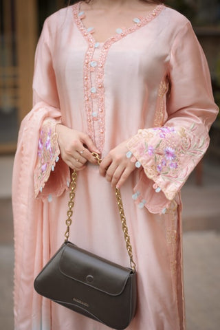 Light Peach Silk 3-Piece Suit – Floral Embroidery & Multicolor Dupatta