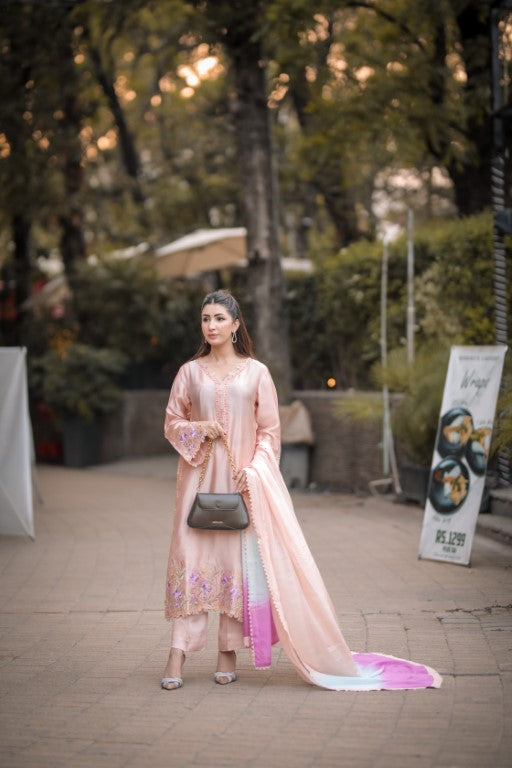 Light Peach Silk 3-Piece Suit – Floral Embroidery & Multicolor Dupatta