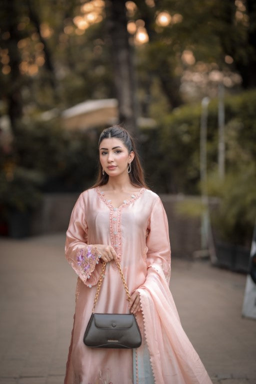 Light Peach Silk 3-Piece Suit – Floral Embroidery & Multicolor Dupatta