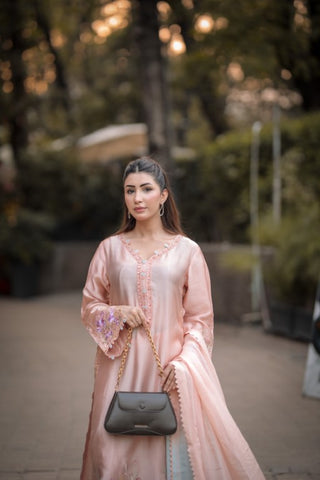 Light Peach Silk 3-Piece Suit – Floral Embroidery & Multicolor Dupatta