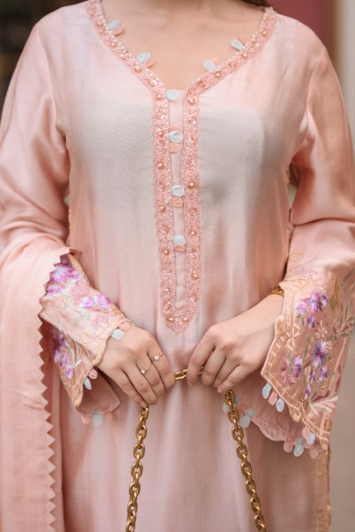 Light Peach Silk 3-Piece Suit – Floral Embroidery & Multicolor Dupatta