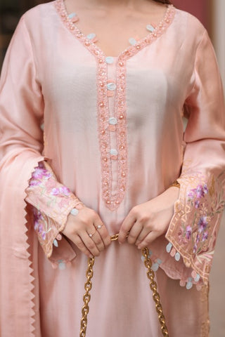 Light Peach Silk 3-Piece Suit – Floral Embroidery & Multicolor Dupatta