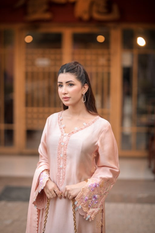 Light Peach Silk 3-Piece Suit – Floral Embroidery & Multicolor Dupatta