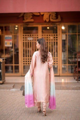 Light Peach Silk 3-Piece Suit – Floral Embroidery & Multicolor Dupatta