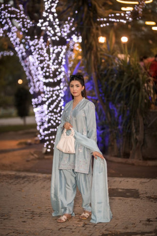 Powder Blue Pure Silk 3-Piece Suit – Timeless Embroidery & Elegant Style