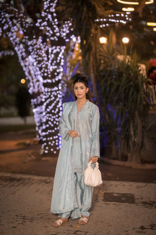 Powder Blue Pure Silk 3-Piece Suit – Timeless Embroidery & Elegant Style