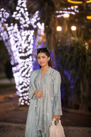 Powder Blue Pure Silk 3-Piece Suit – Timeless Embroidery & Elegant Style