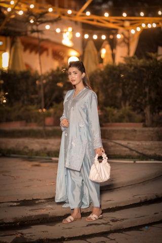 Powder Blue Pure Silk 3-Piece Suit – Timeless Embroidery & Elegant Style