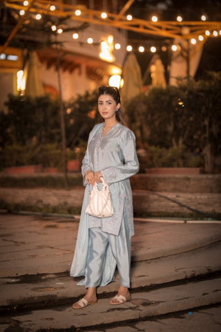 Powder Blue Pure Silk 3-Piece Suit – Timeless Embroidery & Elegant Style