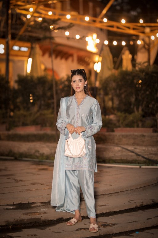 Powder Blue Pure Silk 3-Piece Suit – Timeless Embroidery & Elegant Style