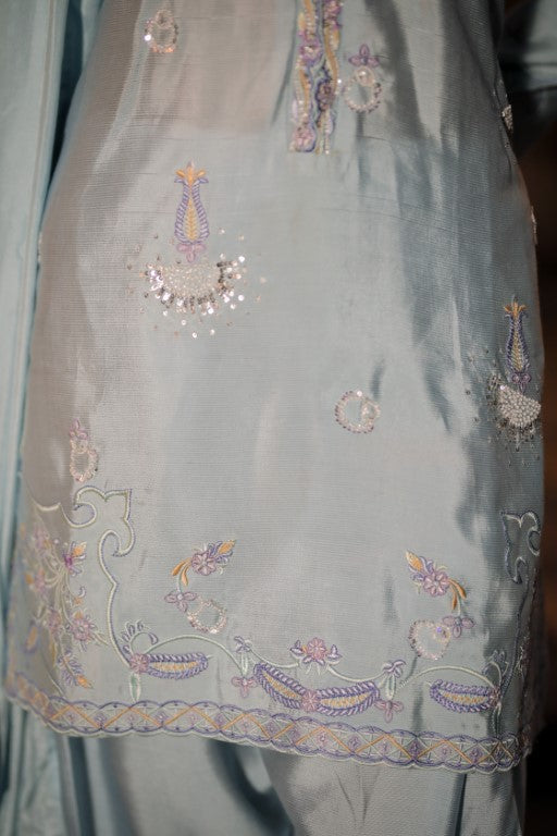 Powder Blue Pure Silk 3-Piece Suit – Timeless Embroidery & Elegant Style