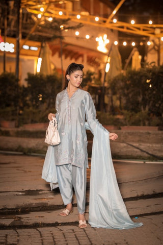 Powder Blue Pure Silk 3-Piece Suit – Timeless Embroidery & Elegant Style
