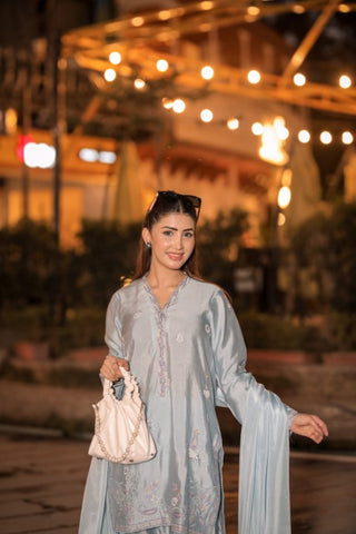 Powder Blue Pure Silk 3-Piece Suit – Timeless Embroidery & Elegant Style