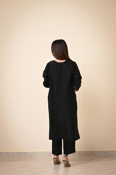 Black 3-Piece Kashmiri Aari Work Silk Ensemble with Organza Dupatta