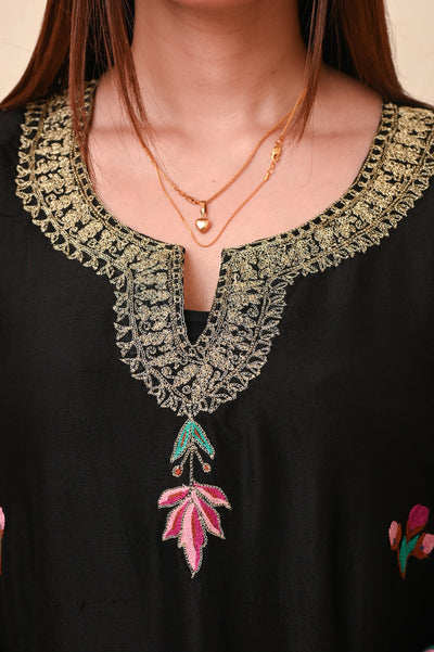 Black 3-Piece Kashmiri Aari Work Silk Ensemble with Organza Dupatta