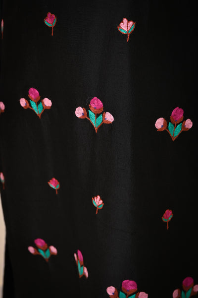 Black 3-Piece Kashmiri Aari Work Silk Ensemble with Organza Dupatta