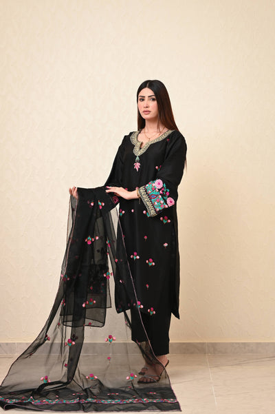 Black 3-Piece Kashmiri Aari Work Silk Ensemble with Organza Dupatta