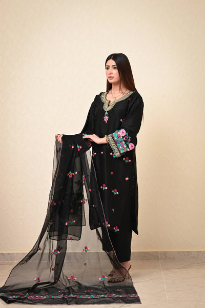 Black 3-Piece Kashmiri Aari Work Silk Ensemble with Organza Dupatta