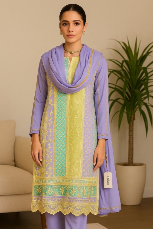 3 piece fancy silk suit with chiffon dupatta, size medium